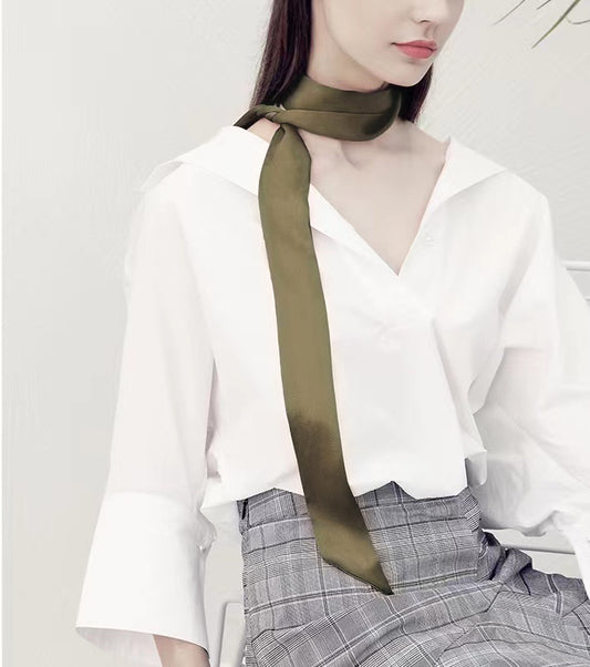 June Olive Green Skinny Silk Scarves